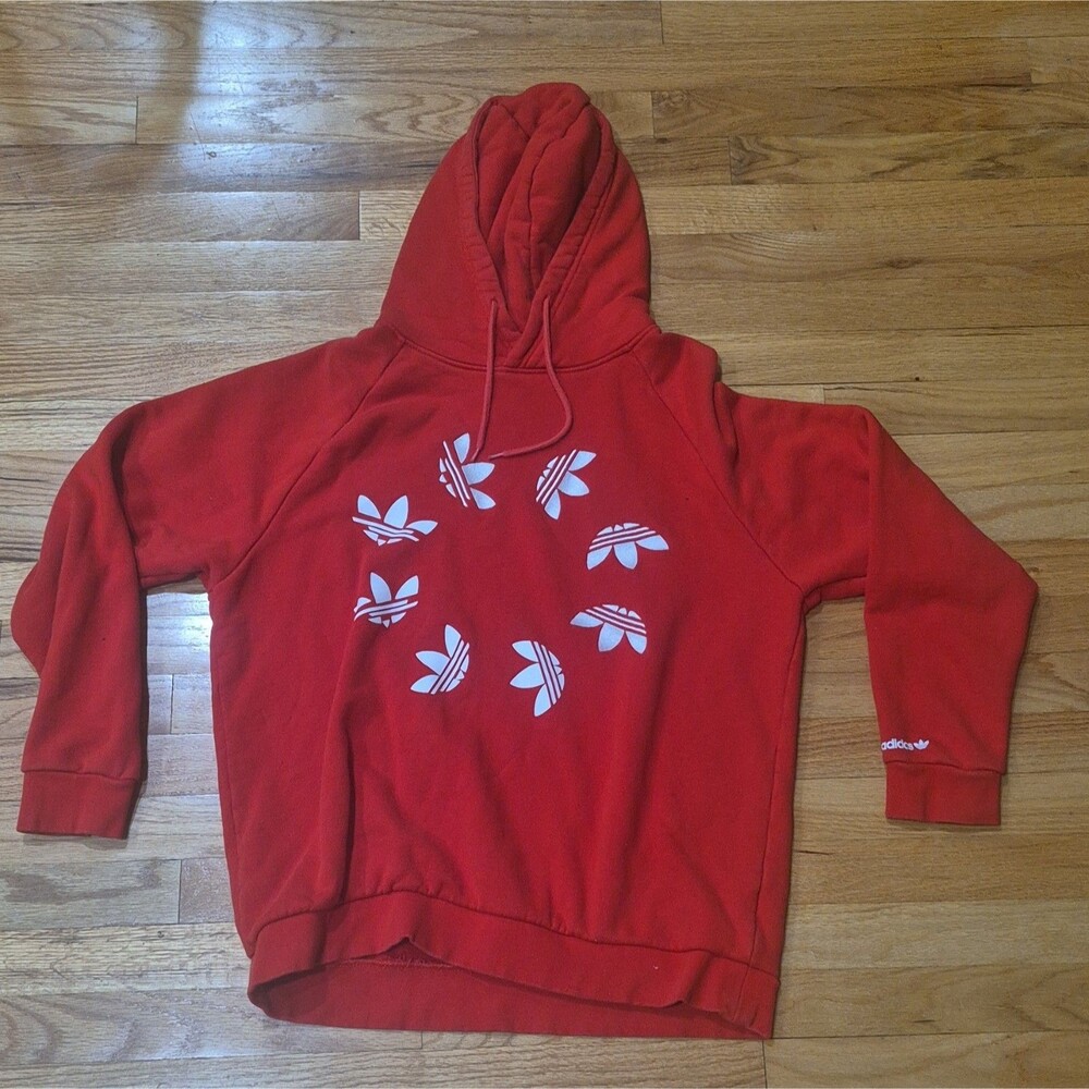 Adidas Hoodie Mens Medium Red Sweatshirt Long Sleeve Trefoil Pullover Hooded